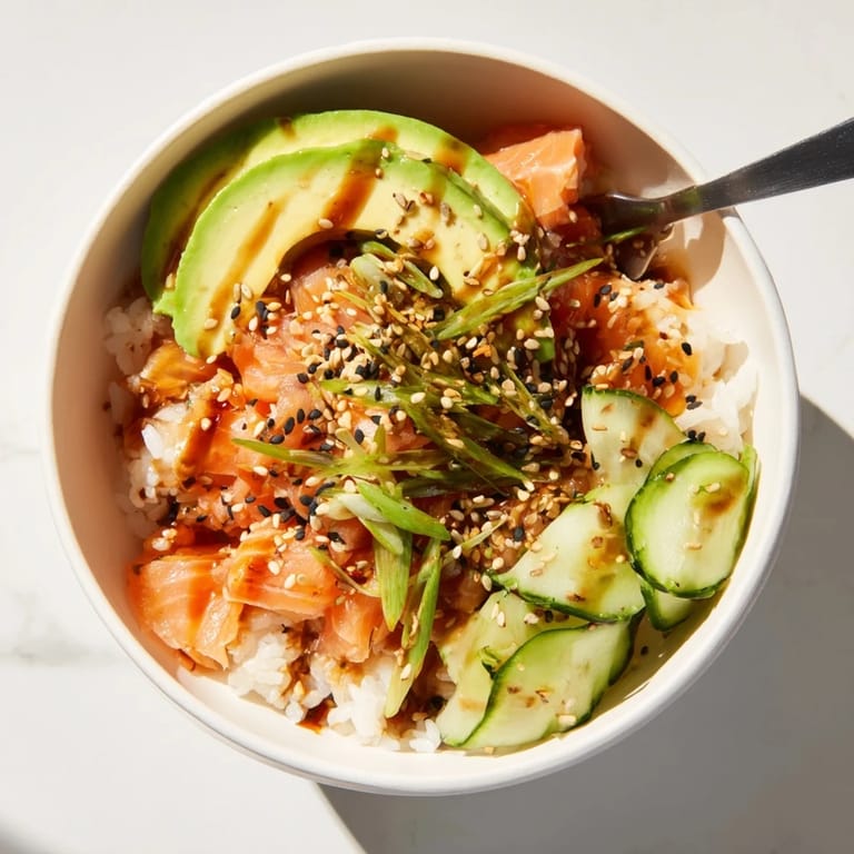 Quick and healthy salmon and rice bowl drizzled with soy sauce and sesame oil.  
