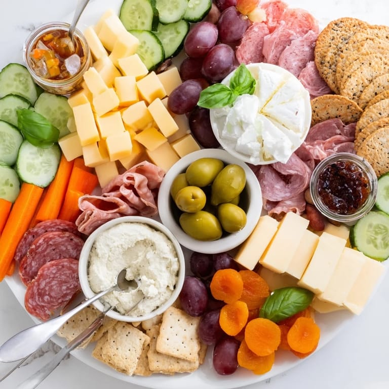 A delightful Girl Dinner Platter arranged with sweet fruits, creamy cheeses, and crunchy elements.