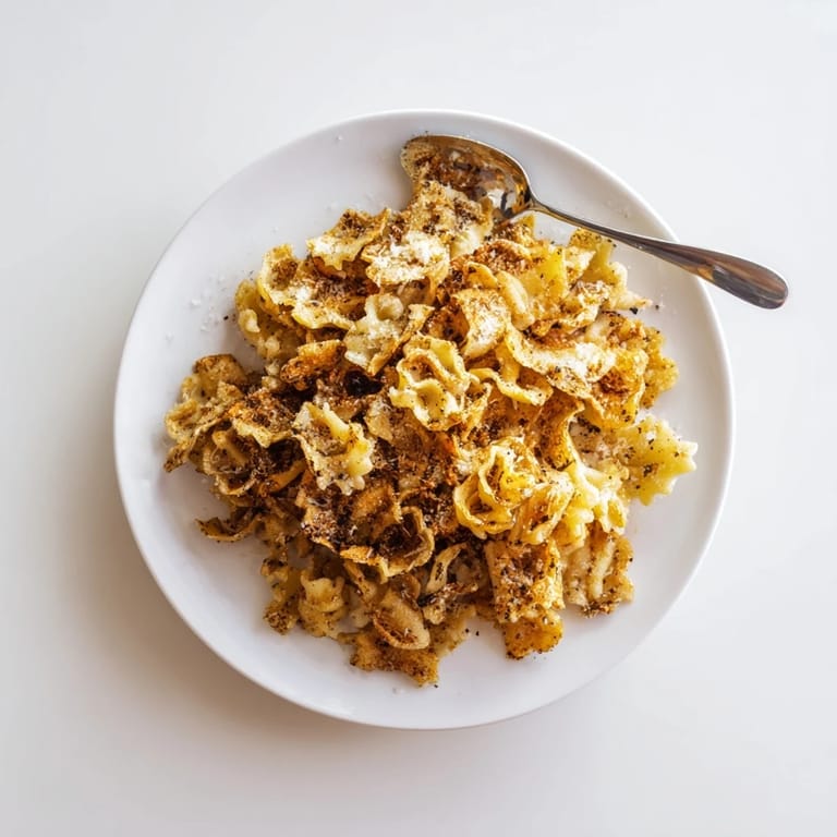 Baked pasta chips sprinkled with Parmesan, served alongside tangy marinara for dipping.