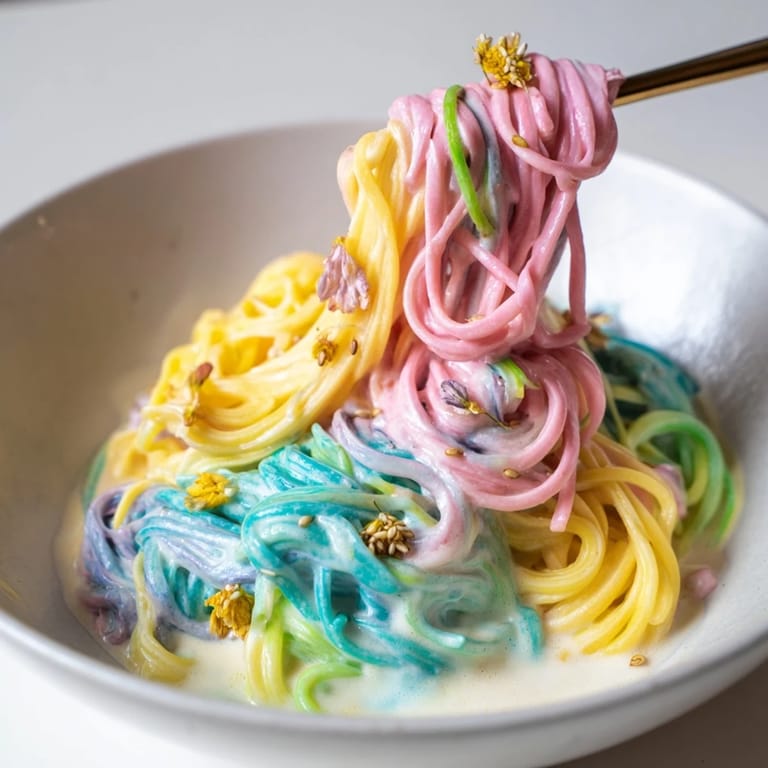 Creamy Neon Noodle Cloud featuring swirls of color, garnished with sesame seeds and microgreens.