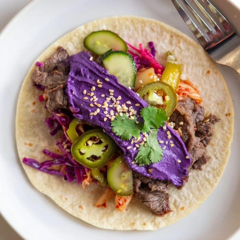 Flavorful Global Street-Food Fusion Tacos featuring spicy kimchi and creamy ube sauce.