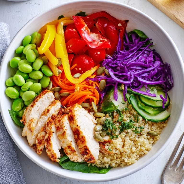 Colorful meal-prep bowls with quinoa, tender chicken, and zesty dressing delightfully arranged.  
