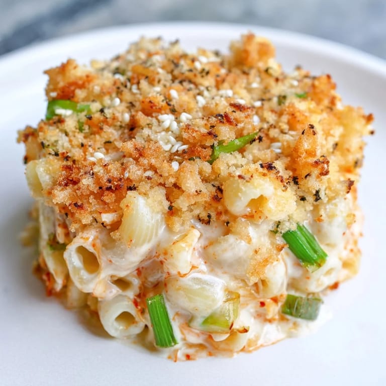 Baked Spicy Kimchi Mac & Cheese with a golden panko crust, perfect comfort food.