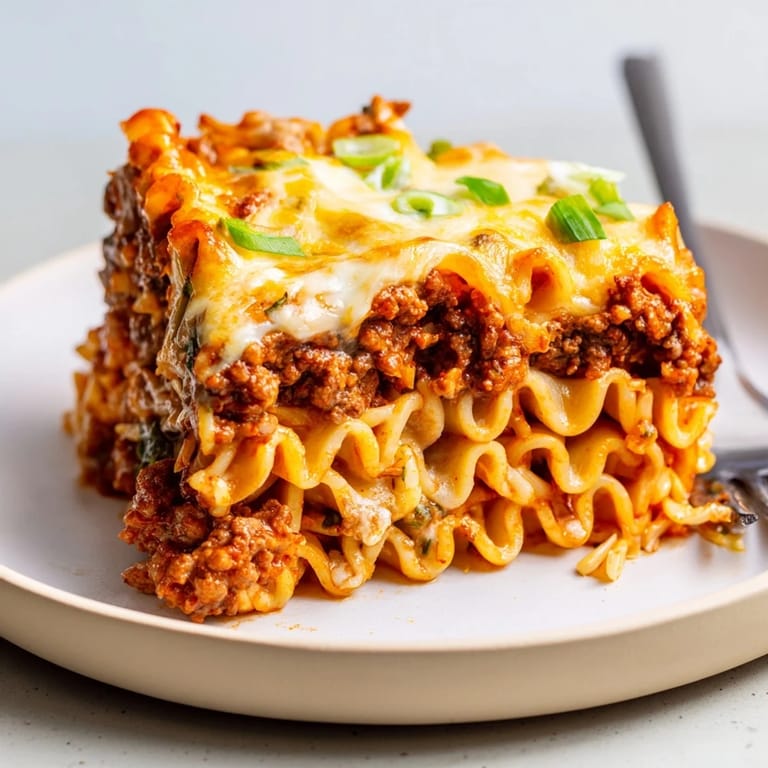 Golden-brown Spicy Ramen Lasagna fresh from the oven, bubbling with melted cheese.  