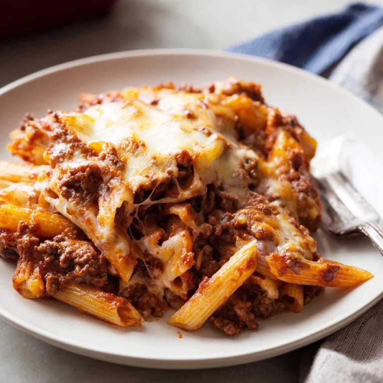 Savory Cheesy Beef & Penne Bake topped with rich tomato sauce and gooey cheese.