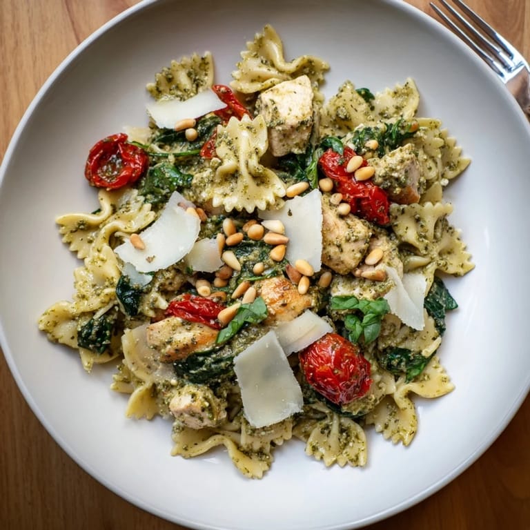 Creamy Pesto Chicken Bowtie Pasta served with wilted spinach and cherry tomatoes.  