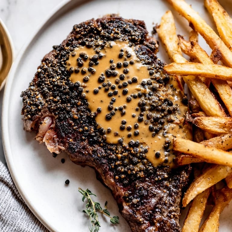 Sizzling Classic Peppercorn Ribeye with aromatic sauce, paired with crunchy fries delightfully.