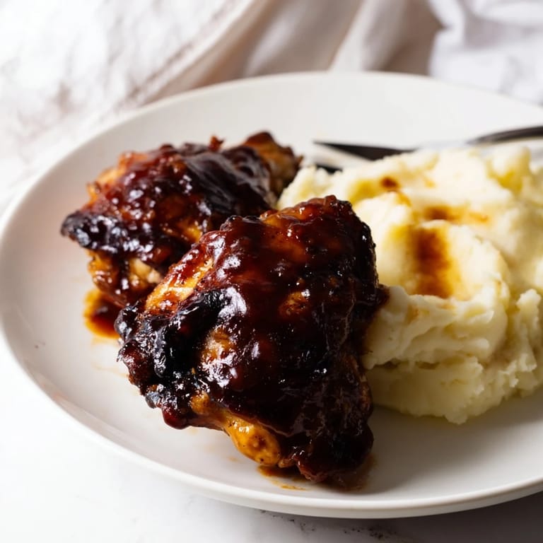 Golden-brown chicken thighs glazed with honey BBQ sauce, served with fluffy garlic mashed potatoes.  