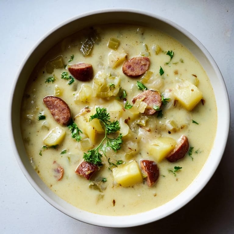A close-up of a rich, rustic Potato, Leek & Chorizo Soup bowl, perfect for a cozy dinner.