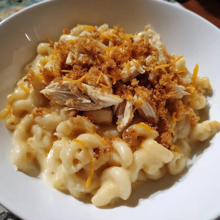 Enjoy a hearty serving of Classic Mac & Cheese with BBQ Chicken, a delightful BBQ chicken and cheese casserole.