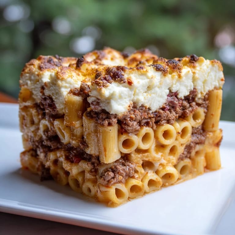 A close-up shot of homemade Pastitsio, showing the layered textures of pasta and béchamel.