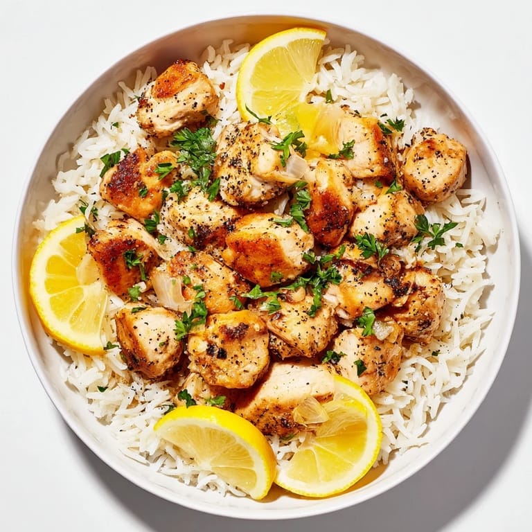 A beautifully plated dish of savory Lemon Pepper Chicken, garnished with fresh parsley and lemon.