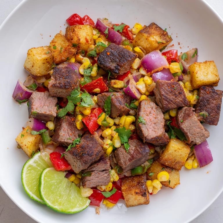 Savory and satisfying, this image spotlights a hearty Southwest Steak & Potato Skillet with fresh cilantro garnish.