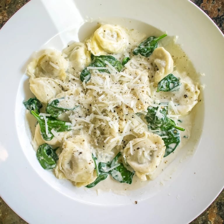 This warm Creamy Spinach Alfredo Tortellini dish features rich Alfredo sauce and tender cheese tortellini.