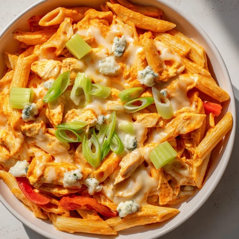 This image shows a steaming bowl of Buffalo Chicken Pasta Skillet, with vibrant red sauce and melted cheese.