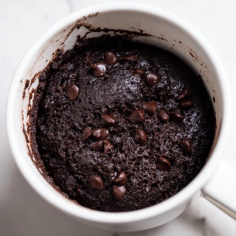Rich and decadent microwaved mug cake, a single-serving dessert served hot from the mug.