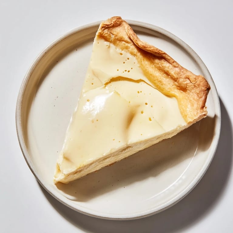 Sliced Water Pie showing a creamy, custard-like filling, perfect served chilled with berries.