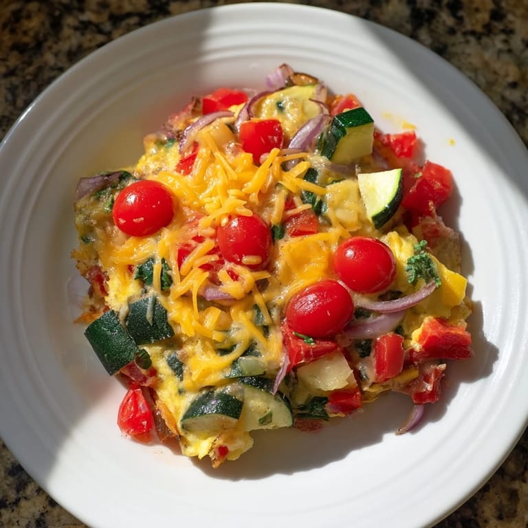 Fluffy baked Egg & Veggie Sheet Pan Scramble with roasted vegetables and melted cheese, ready to serve.
