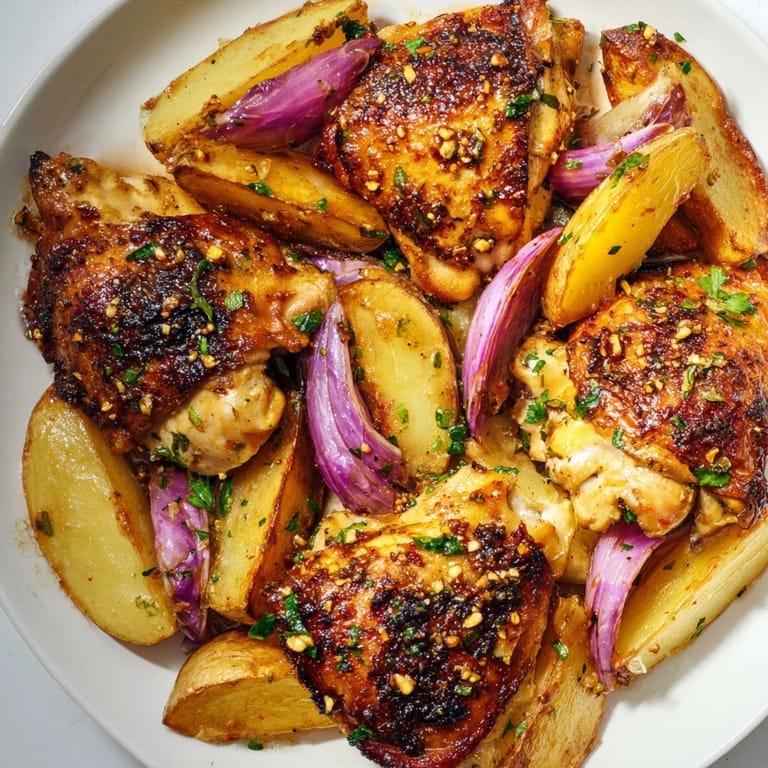 Sheet pan of Greek Lemon Chicken and Potatoes: featuring tender chicken thighs and potatoes glistening after roasting.