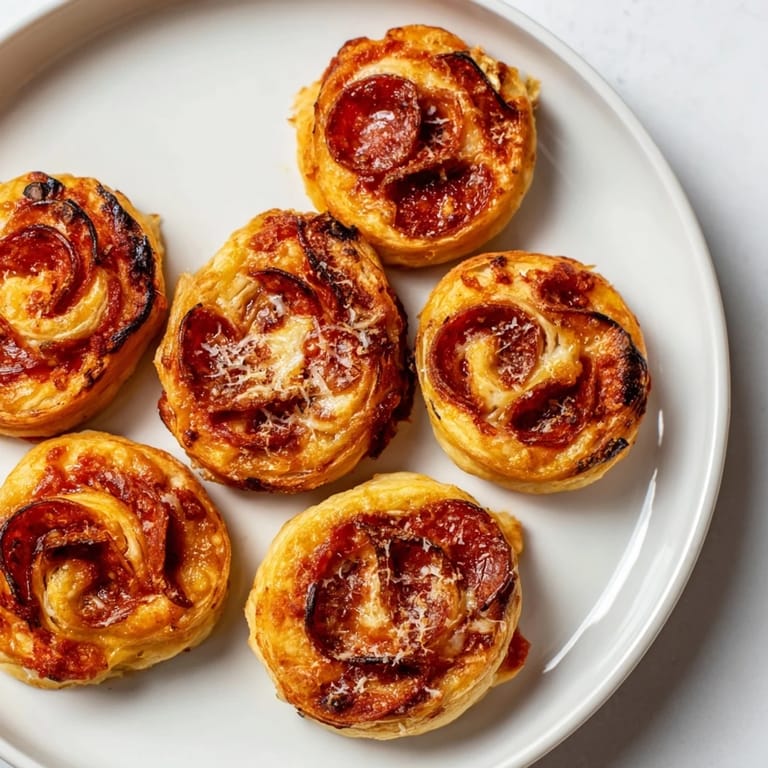 A close-up of delicious baked Mini Pepperoni Pizza Pinwheels, showcasing layered pepperoni and cheese filling, fresh from oven.