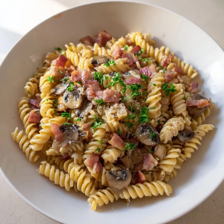 This delicious fusilli with bacon, onions, and mushrooms recipe features sauteed mushrooms and Parmesan.