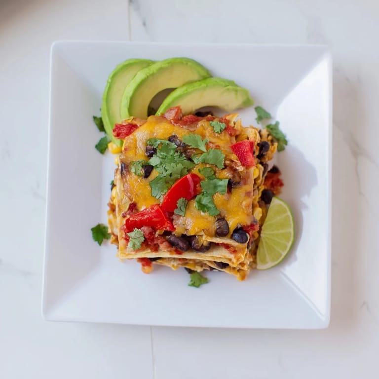 A close-up of a stacked Quick Black Bean and Corn Tortilla Casserole glistening after baking, ready to eat.