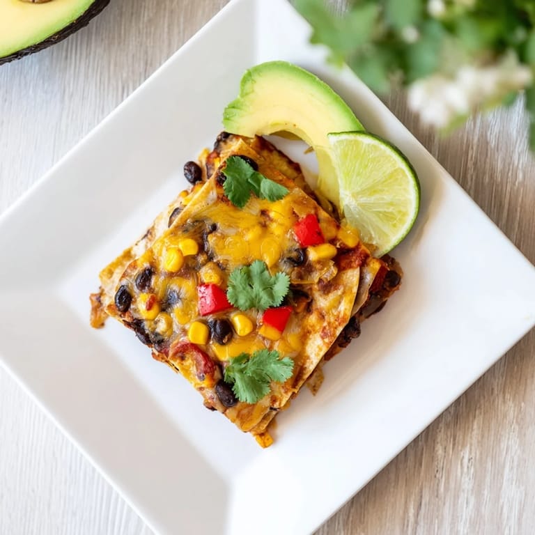 Golden-brown crust on a flavorful Quick Black Bean and Corn Tortilla Casserole, a delicious vegetarian meal.