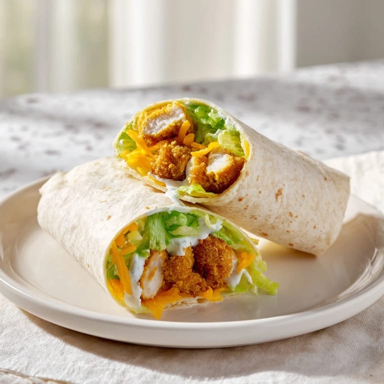 Close-up of a delicious, easy Crispy Chicken Ranch Snack Wrap with cheddar cheese and creamy ranch.