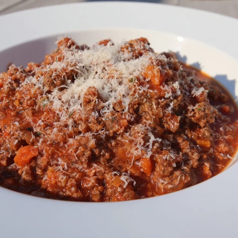 A steaming bowl of Classic Tuscan Ragu, rich with beef and pork, perfect for dinner.