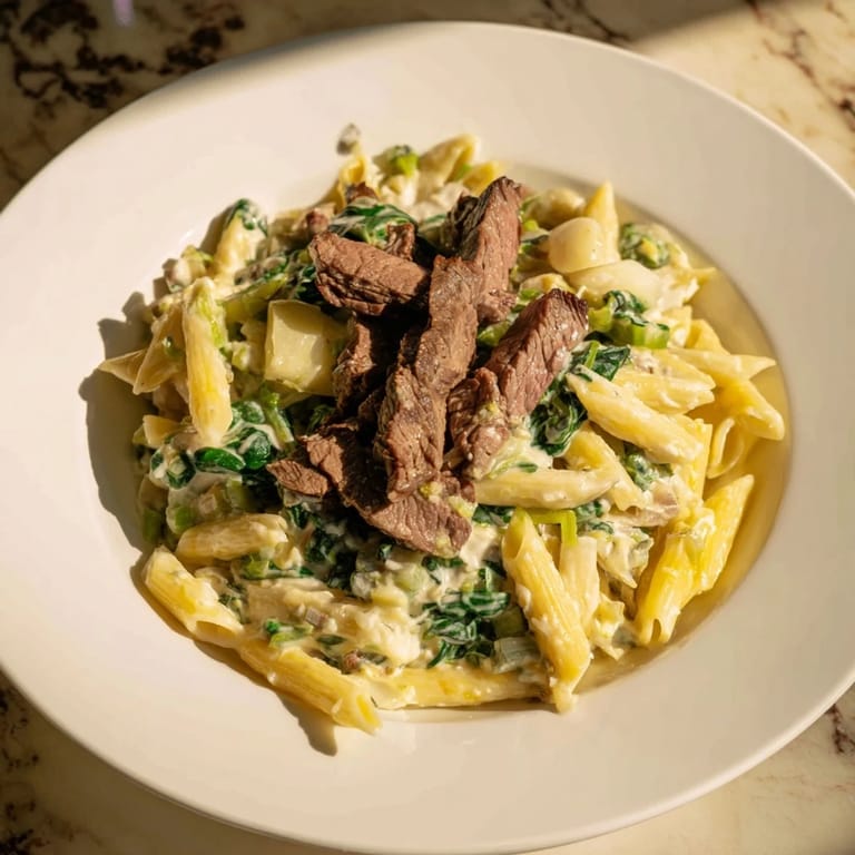 A close-up of creamy, cheesy Steak & Spinach Artichoke Pasta Bake, loaded with tender steak and spinach.