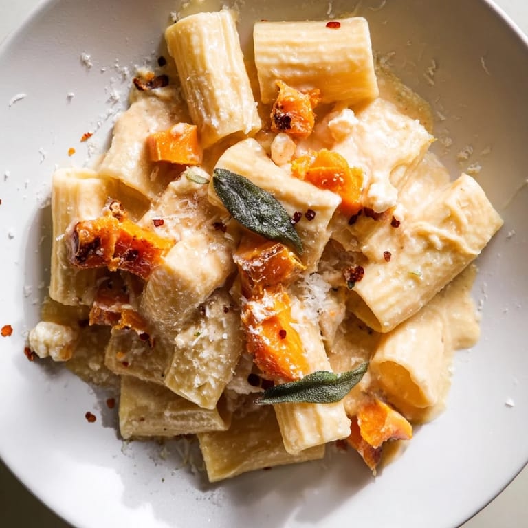 Savory Viral Sweet Potato Goat Cheese Sage pasta, ready to serve with crispy sage topping.