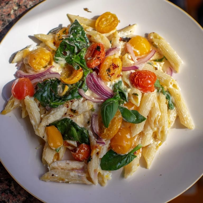 Golden baked feta cheese melts into the One-Pan Baked Feta Christmas Pasta with vibrant colors.