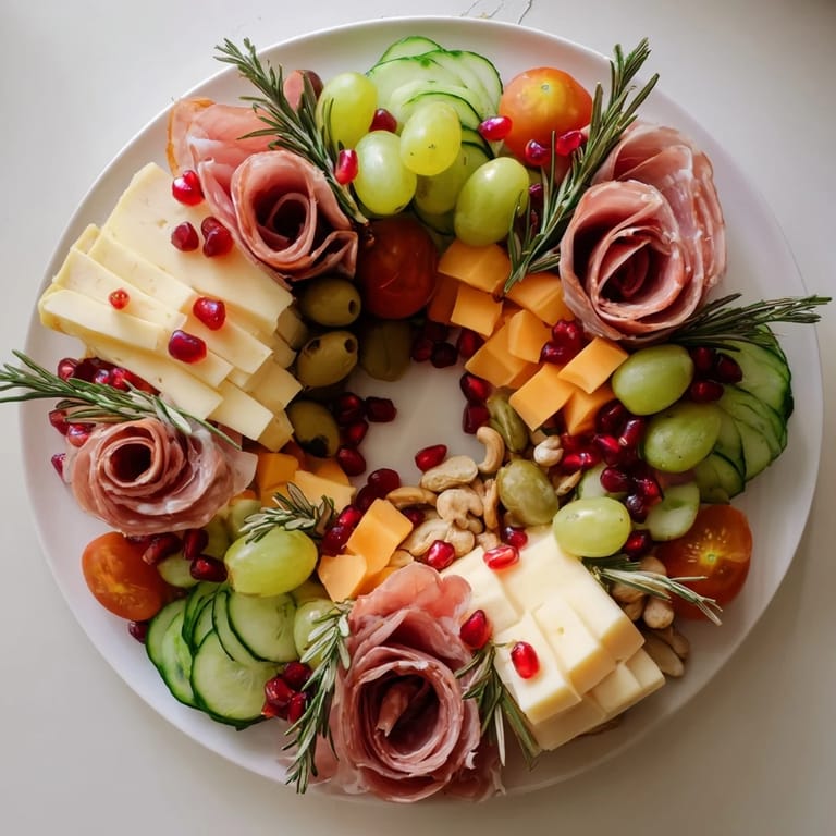 This Quick Christmas Charcuterie Wreath Board offers an array of flavorful cheeses, meats, and fresh garnishes.