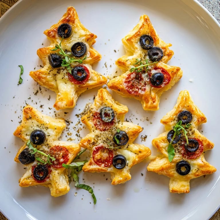 Imagine warm, cheesy puff pastry Christmas tree pizza bites, filled with tomato and olive "ornaments."