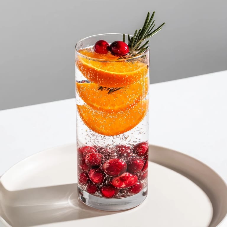 Chilled snow globe mocktail, sparkling with floating cranberries, perfect for a non-alcoholic holiday treat.