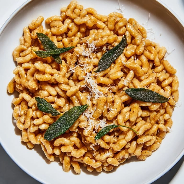 Freshly cooked Brown Butter & Sage Ditalini pasta, garnished with parmesan, showcasing a warm, inviting dish.