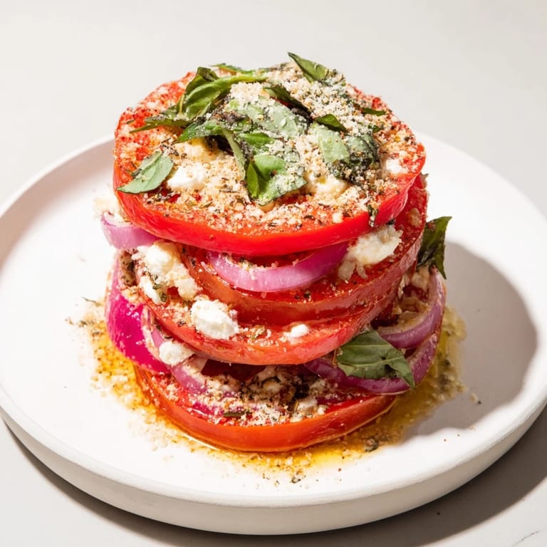 Easy weeknight meal: a close-up of the flavorful Speedy Feta-Free Tomato Bake with melted mozzarella.