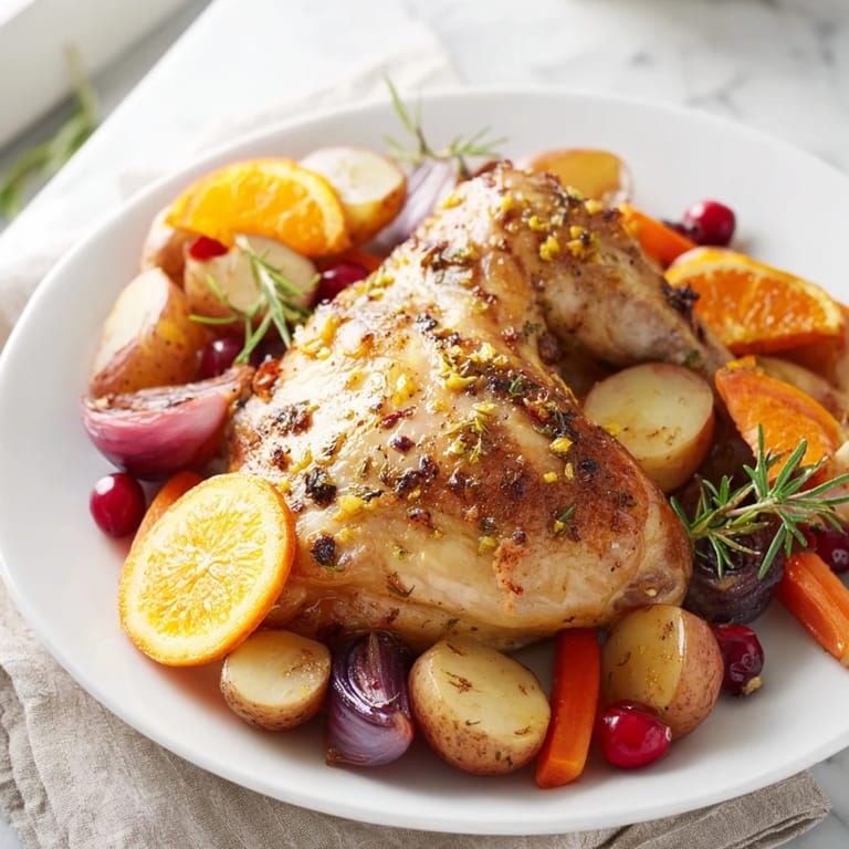 Juicy, roasted one-pan olive oil roast chicken with colorful vegetables and tart, glistening cranberries.