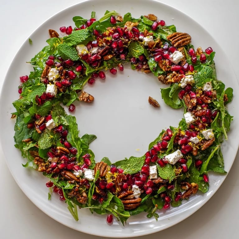Freshly tossed Pomegranate Feta Wreath Salad, a gorgeous holiday appetizer featuring greens and nuts.