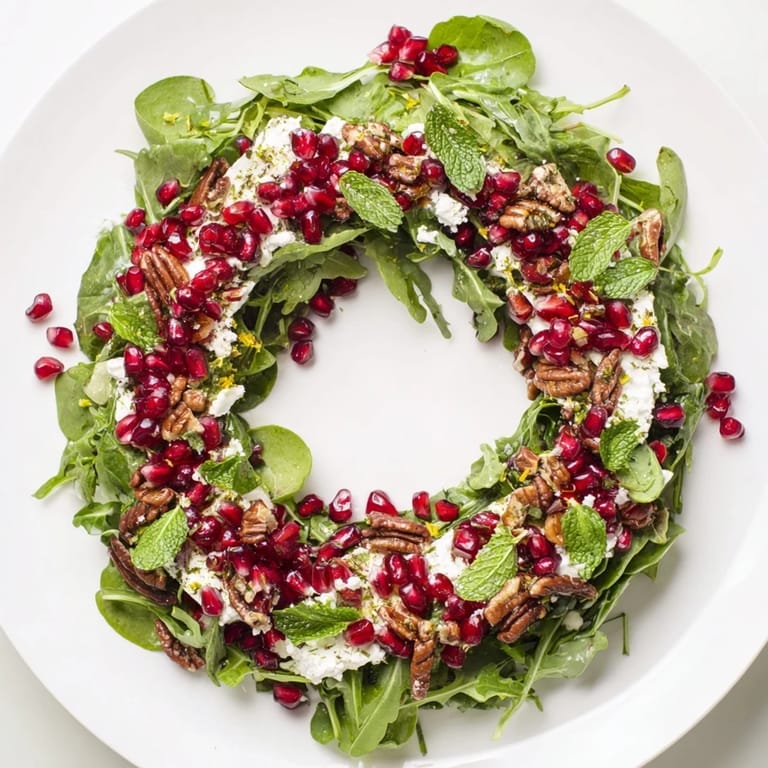 A beautiful holiday-ready Pomegranate Feta Wreath Salad, sprinkled with feta, ready to serve and enjoy.