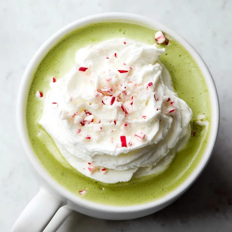 Enjoy this cozy image of a rich, frothy Cozy Peppermint Matcha Christmas Latte, perfect for gifting.