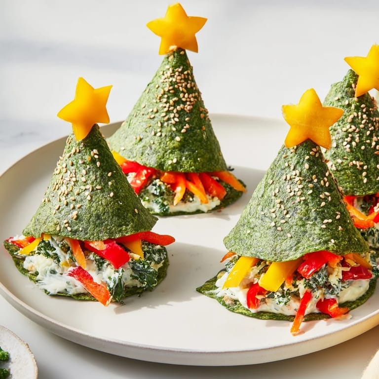 Golden, air-fried Air Fryer Christmas Tree Veggie Tortilla Wraps, shaped like festive trees, filled with fresh vegetables, ready to eat.