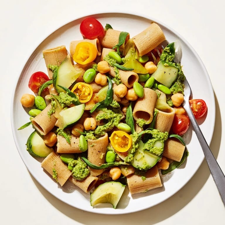 This delicious Holiday Glow Green Goddess Protein Pasta Salad showcases vibrant colors and textures, ready to enjoy.