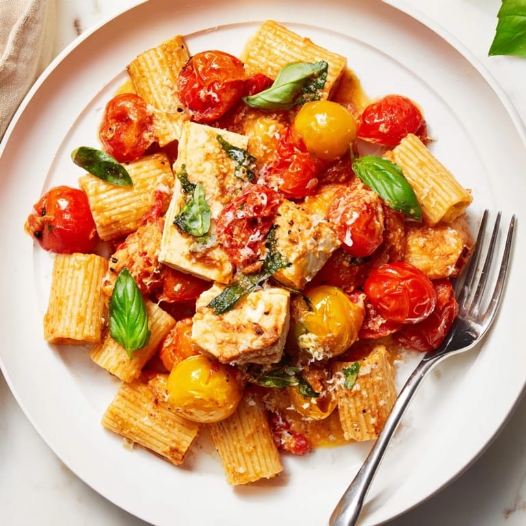 Golden-brown Baked Feta Snowfall Cherry Tomato Christmas Pasta, ready to serve with a blanket of Parmesan.
