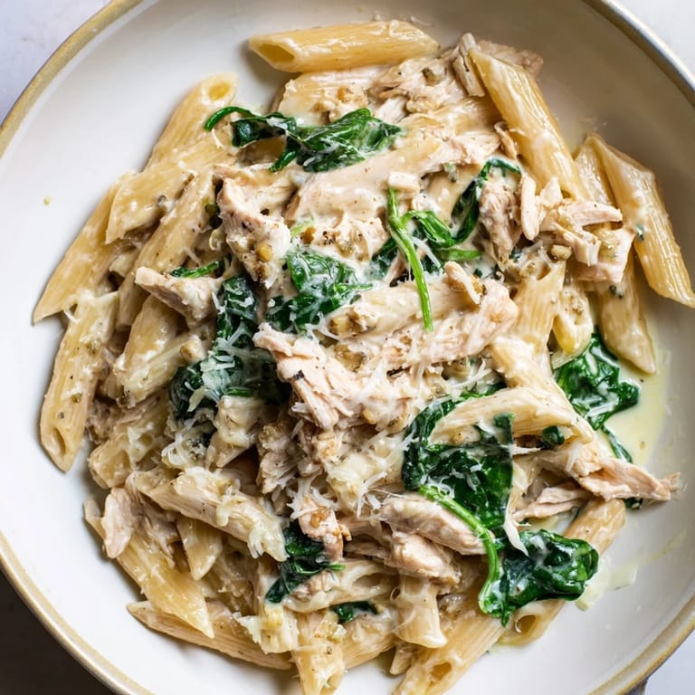 Delicious, steaming One-Pot Creamy Spinach & Turkey Christmas Pasta, ready to serve and enjoy tonight.