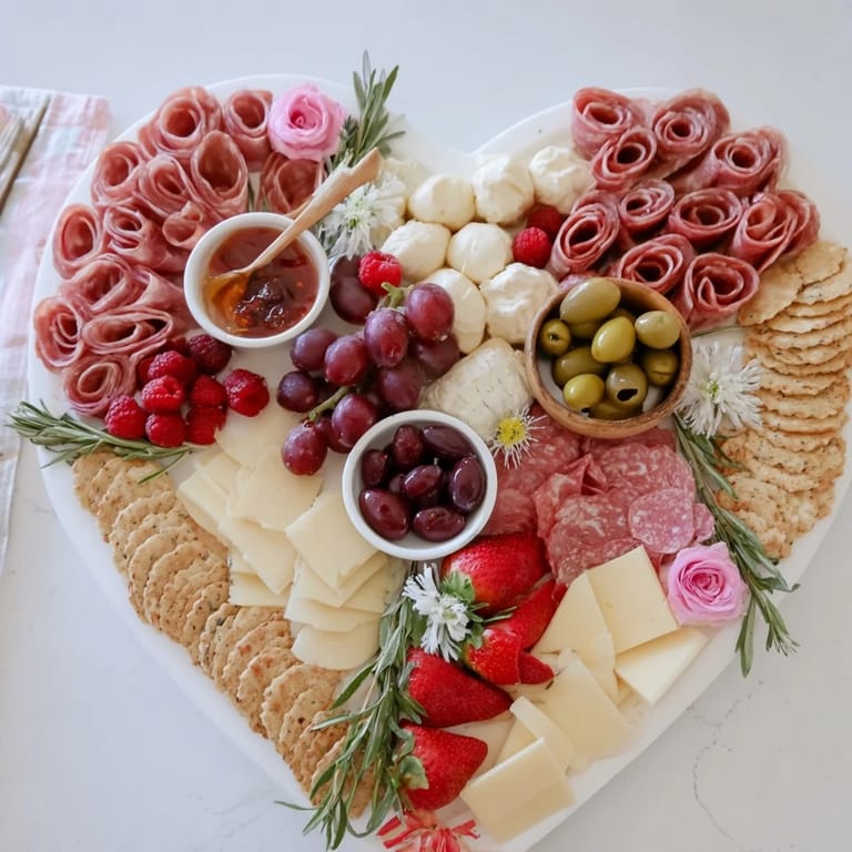 Visually stunning heart-shaped charcuterie board showcases assorted cheeses, salami, and grapes for everyone to enjoy.