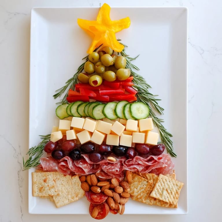Beautifully crafted Christmas Tree Snack Board: A tempting holiday appetizer idea with colorful, fresh ingredients.