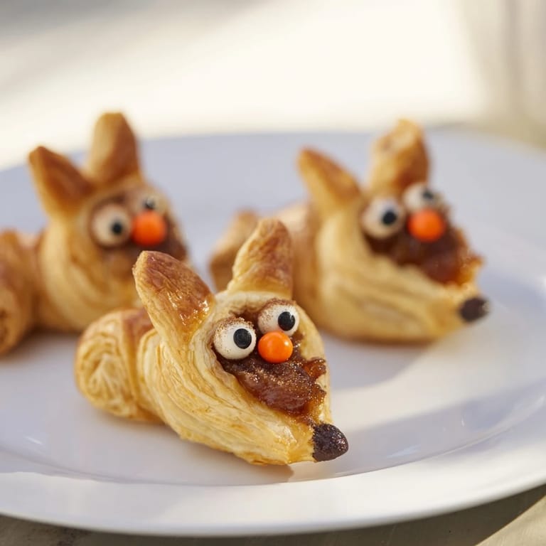 These baked Autumn Harvest Fox-Shaped Bites, with chocolate eyes and candy noses, are cute dessert pastries.