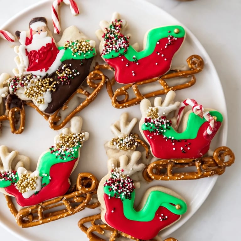 A delightful close-up of the finished Santa's Sleigh Cookie Display, ready for a Christmas party.