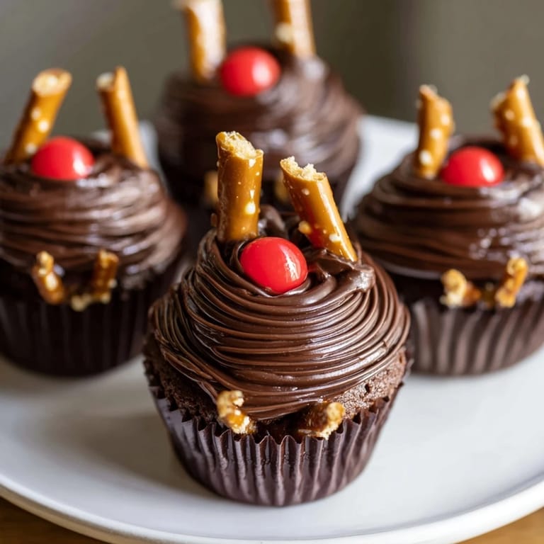 A beautifully arranged Reindeer Holiday Dessert Platter featuring frosted cupcakes, gingerbread antlers, and red noses.